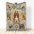 Basset Hound throw blanket with floral patchwork artwork in blue, gold, and cream