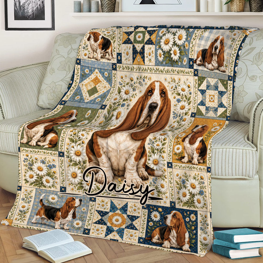 Basset Hound and daisy patchwork blanket styled over a sofa with books nearby