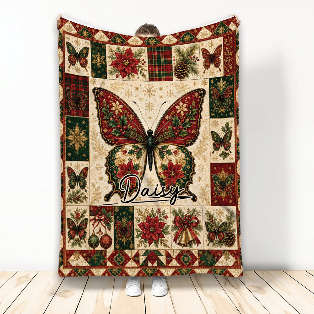 Butterfly throw blanket with a vintage Christmas patchwork design, poinsettias, snowflakes and holly