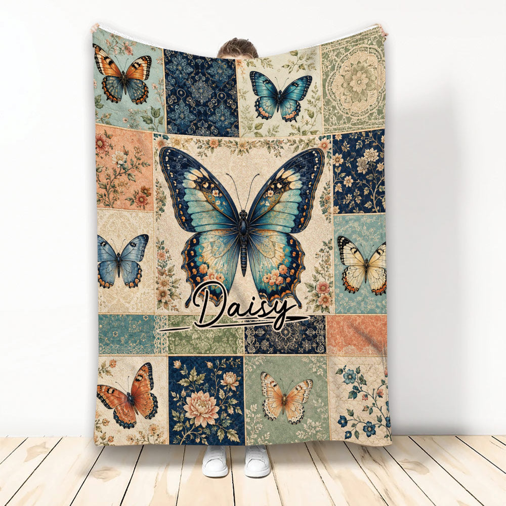 Butterfly throw blanket with vintage floral patchwork artwork in blue, teal, cream, and coral tones