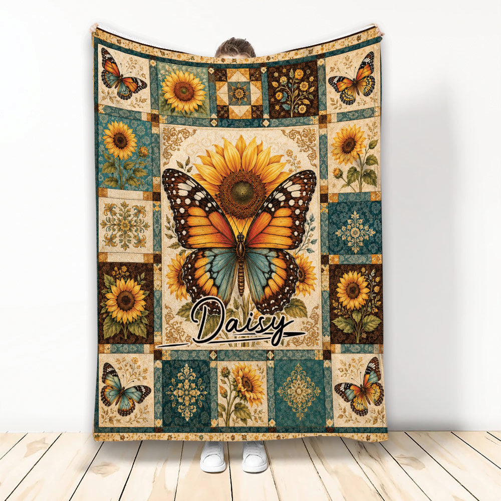 Butterfly and sunflower blanket with vintage-inspired botanical patchwork artwork