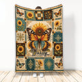 Butterfly and sunflower blanket with vintage-inspired botanical patchwork artwork