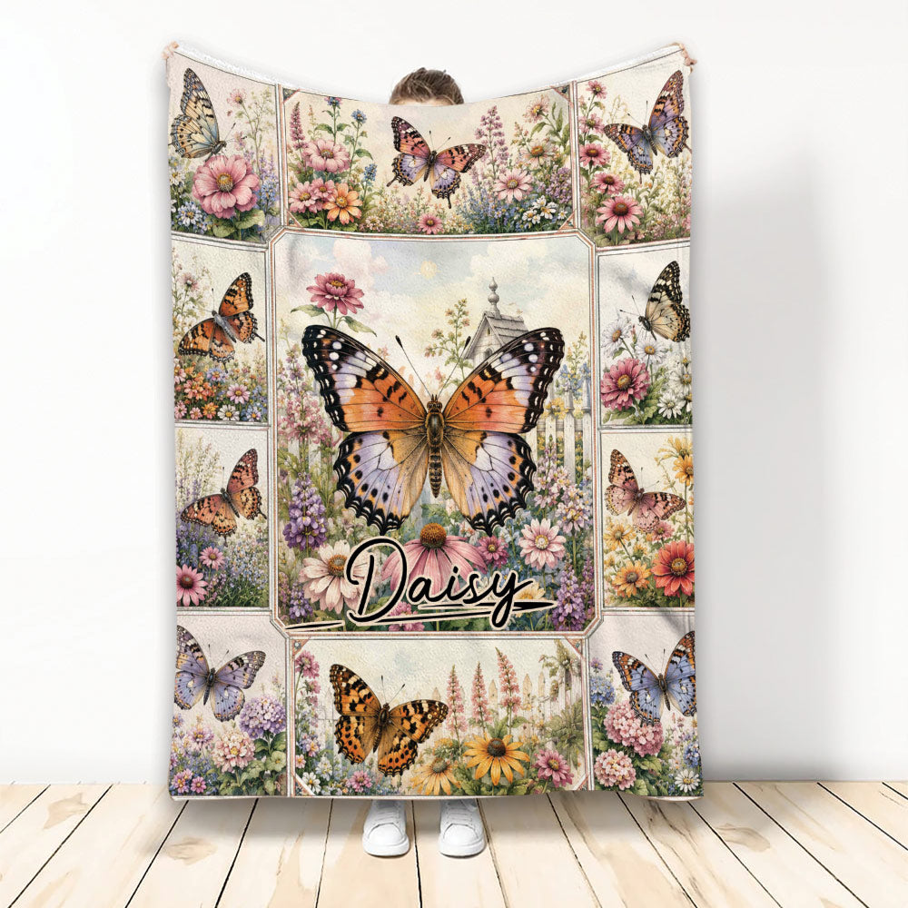 Butterfly blanket with vintage garden flowers and a large orange and purple butterfly design