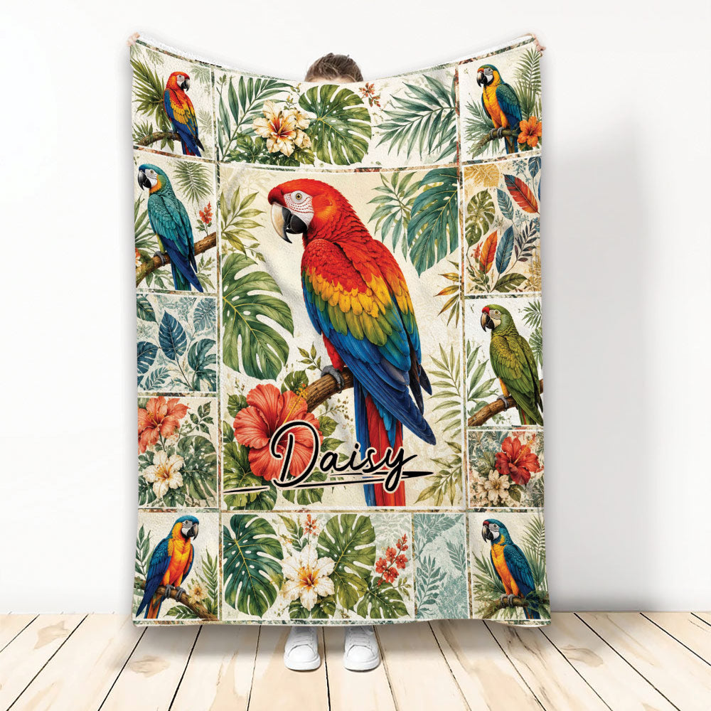 Parrot throw blanket displayed with colorful tropical birds, hibiscus flowers, and lush botanical foliage