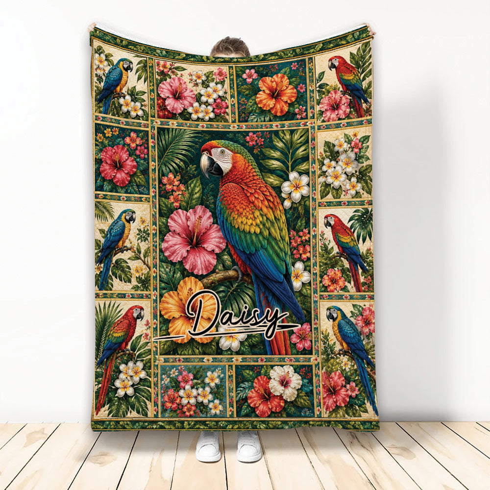 Colorful parrot blanket with tropical flowers, lush foliage, and vibrant bird artwork