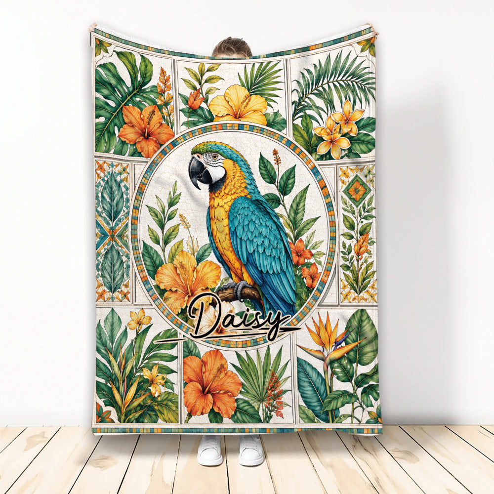 Colorful parrot blanket with tropical flowers, palm leaves, and decorative botanical panels