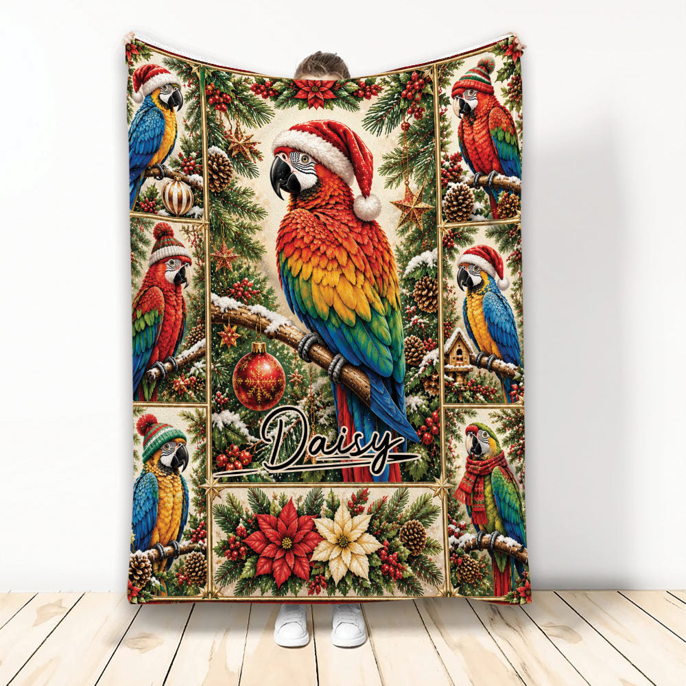 Christmas parrot blanket featuring colorful macaws, poinsettias, pine branches, ornaments, and festive greenery
