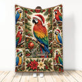 Christmas parrot blanket featuring colorful macaws, poinsettias, pine branches, ornaments, and festive greenery