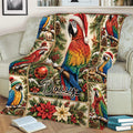Festive parrot blanket displayed on a couch with colorful macaws, poinsettias, pinecones, and Christmas ornaments