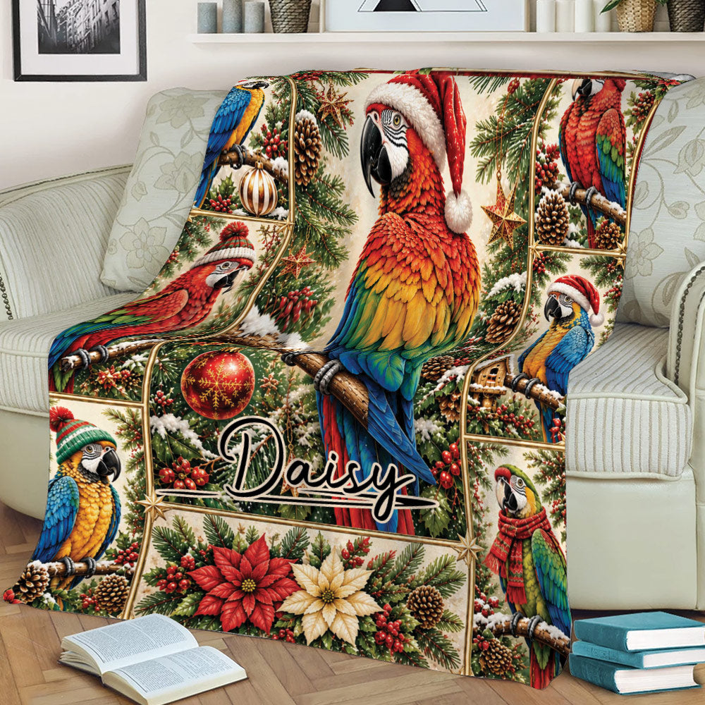 Festive parrot blanket displayed on a couch with colorful macaws, poinsettias, pinecones, and Christmas ornaments