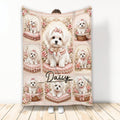 Maltese throw blanket displayed upright with white dogs, pink bows, roses, and elegant vintage floral artwork