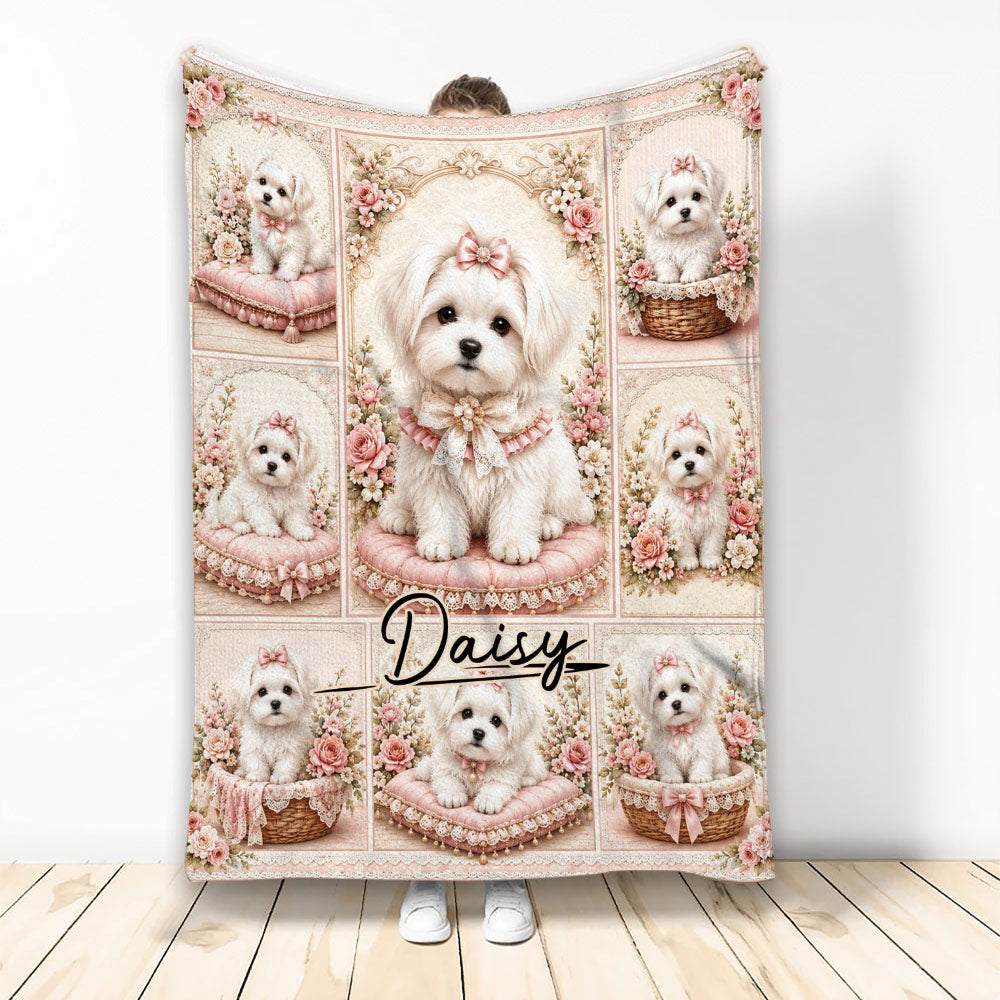 Maltese throw blanket displayed upright with white dogs, pink bows, roses, and elegant vintage floral artwork