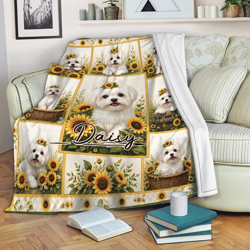 Maltese dog sunflower blanket draped over a sofa in a cozy living room setting