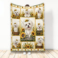 Maltese dog throw blanket displayed upright with sunflower collage artwork in warm yellow and green tones