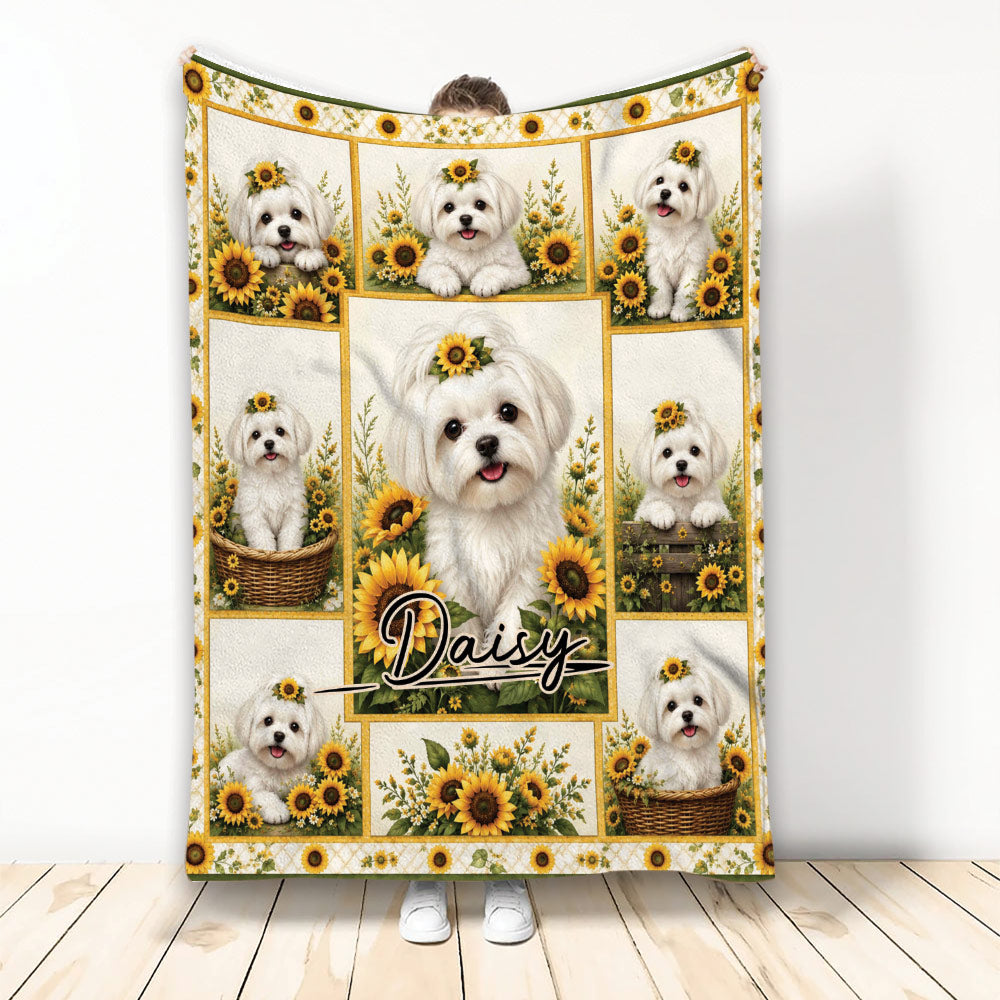 Maltese dog throw blanket displayed upright with sunflower collage artwork in warm yellow and green tones