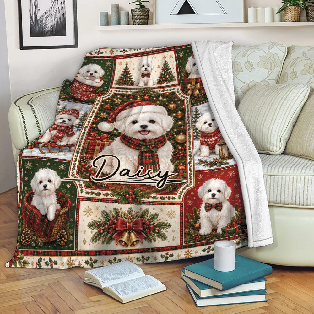Maltese Christmas blanket displayed on a sofa with festive red, green, and gold dog artwork