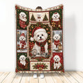 Maltese Christmas throw blanket featuring white dogs, festive trees, stockings, gifts, and holiday greenery