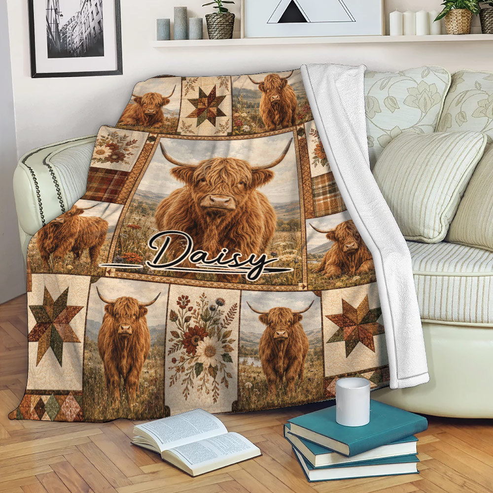Highland Cow Blanket Draped Over a Sofa with Rustic Farmhouse Artwork
