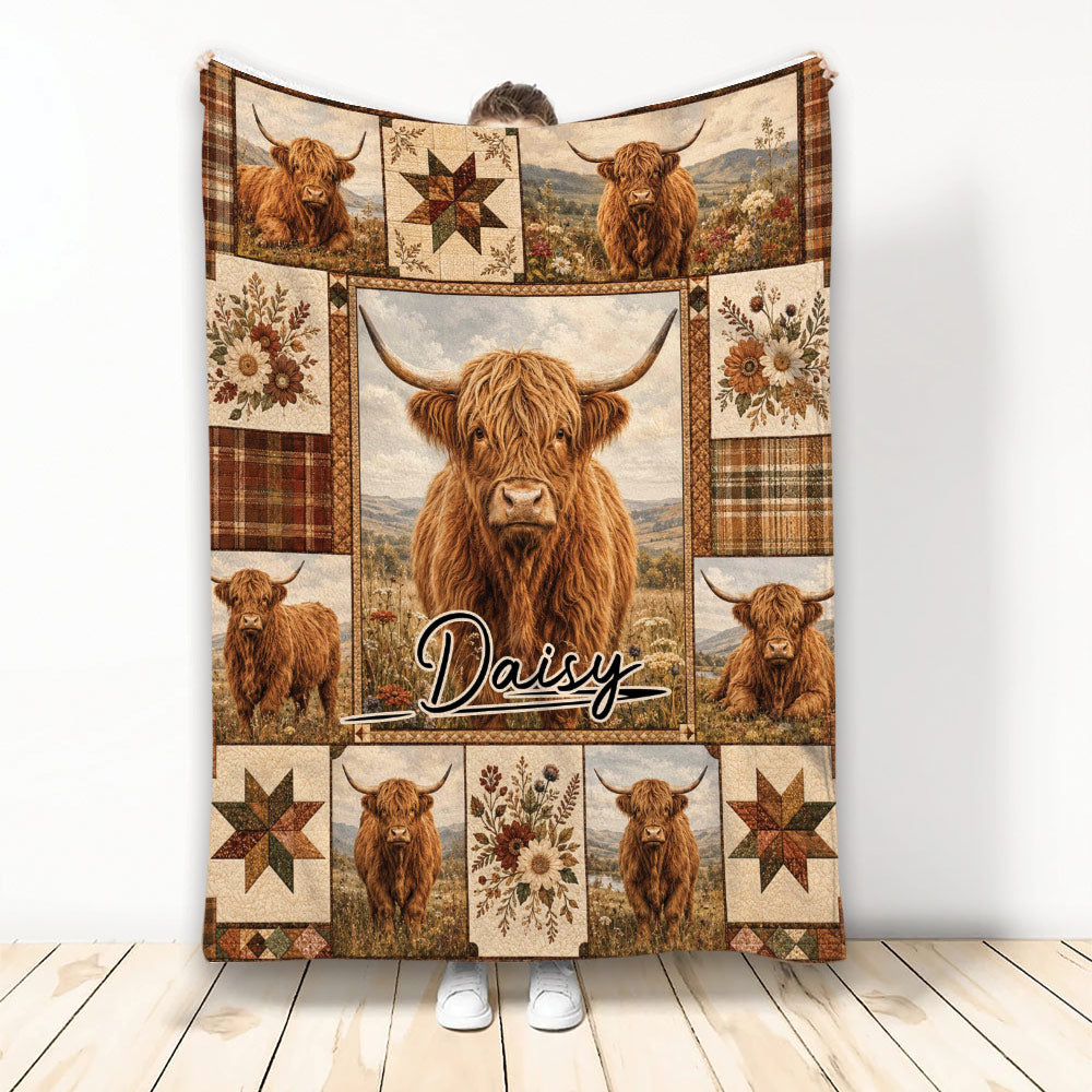 Highland Cow Throw Blanket with Rustic Patchwork and Floral Artwork