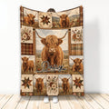 Highland Cow Throw Blanket with Rustic Patchwork and Floral Artwork