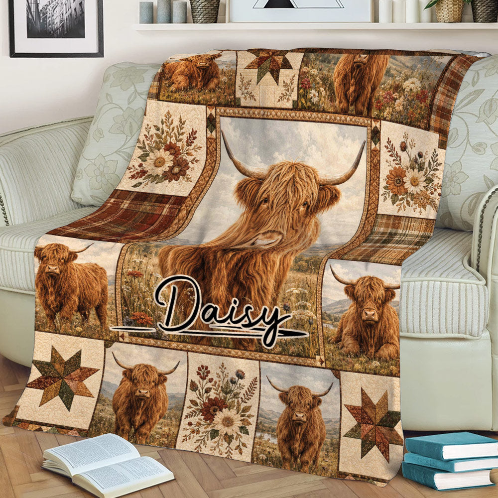 Rustic Highland Cow Throw Blanket Displayed on a Living Room Sofa