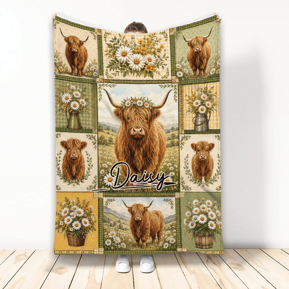 Highland cow blanket displayed upright with floral patchwork artwork in rustic green, gold, and cream tones