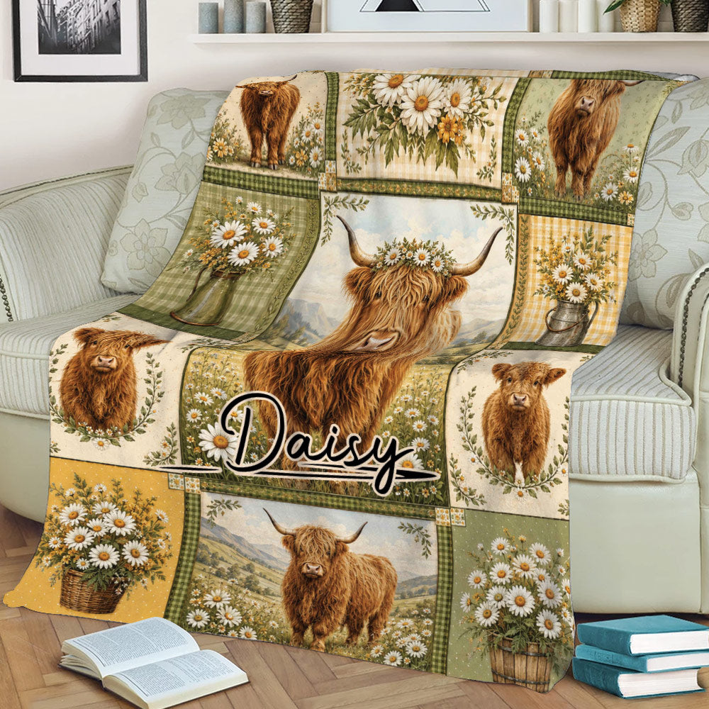 Highland cow blanket styled on a sofa, featuring floral patchwork panels and scenic countryside artwork