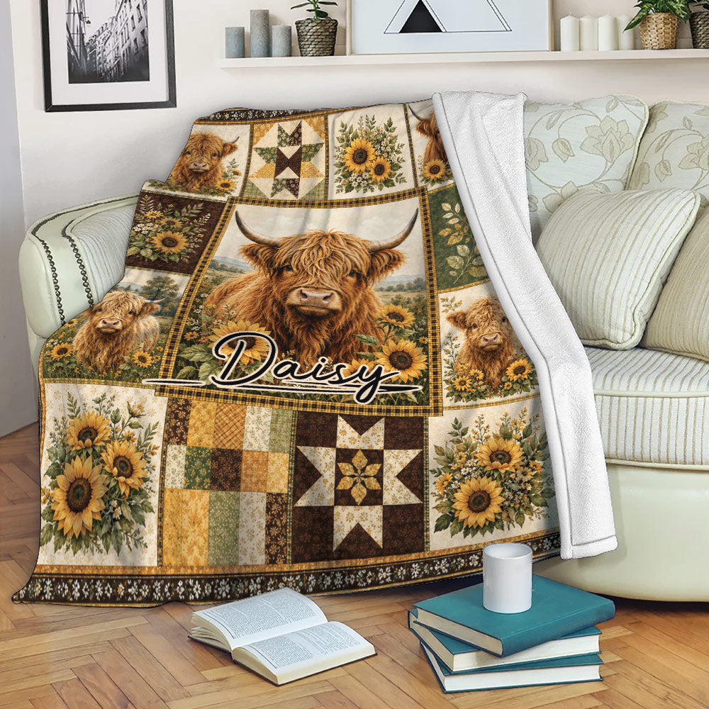 Highland cow throw blanket draped over a sofa with sunflower and rustic patchwork design