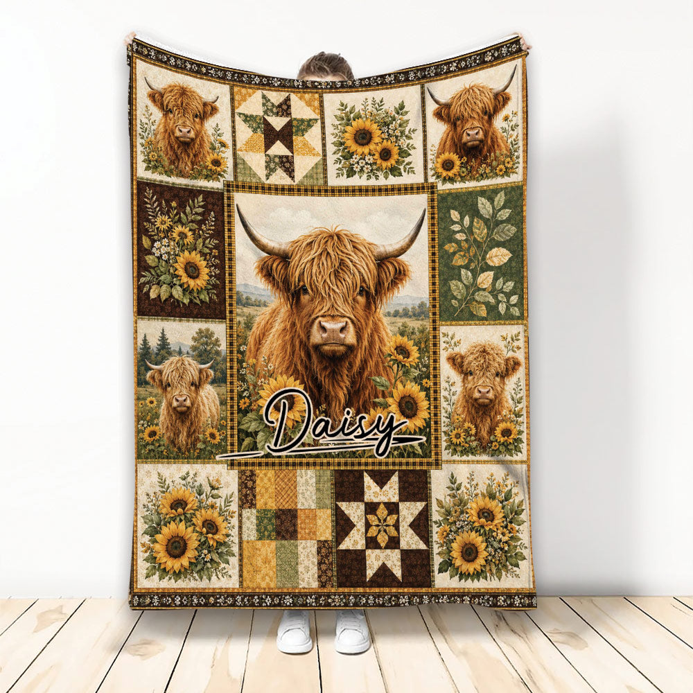 Highland cow blanket with sunflower panels, rustic patchwork artwork, and floral countryside details