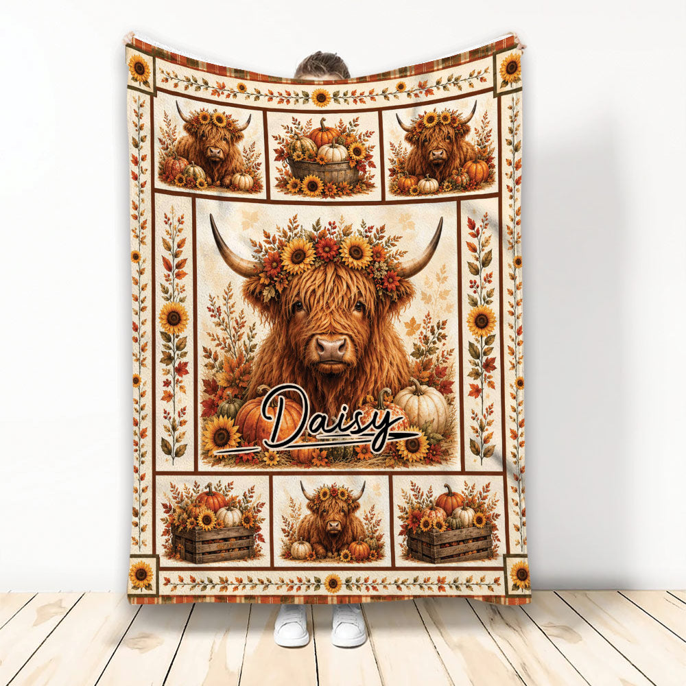 Highland cow throw blanket displayed with sunflower, pumpkin, and rustic autumn artwork