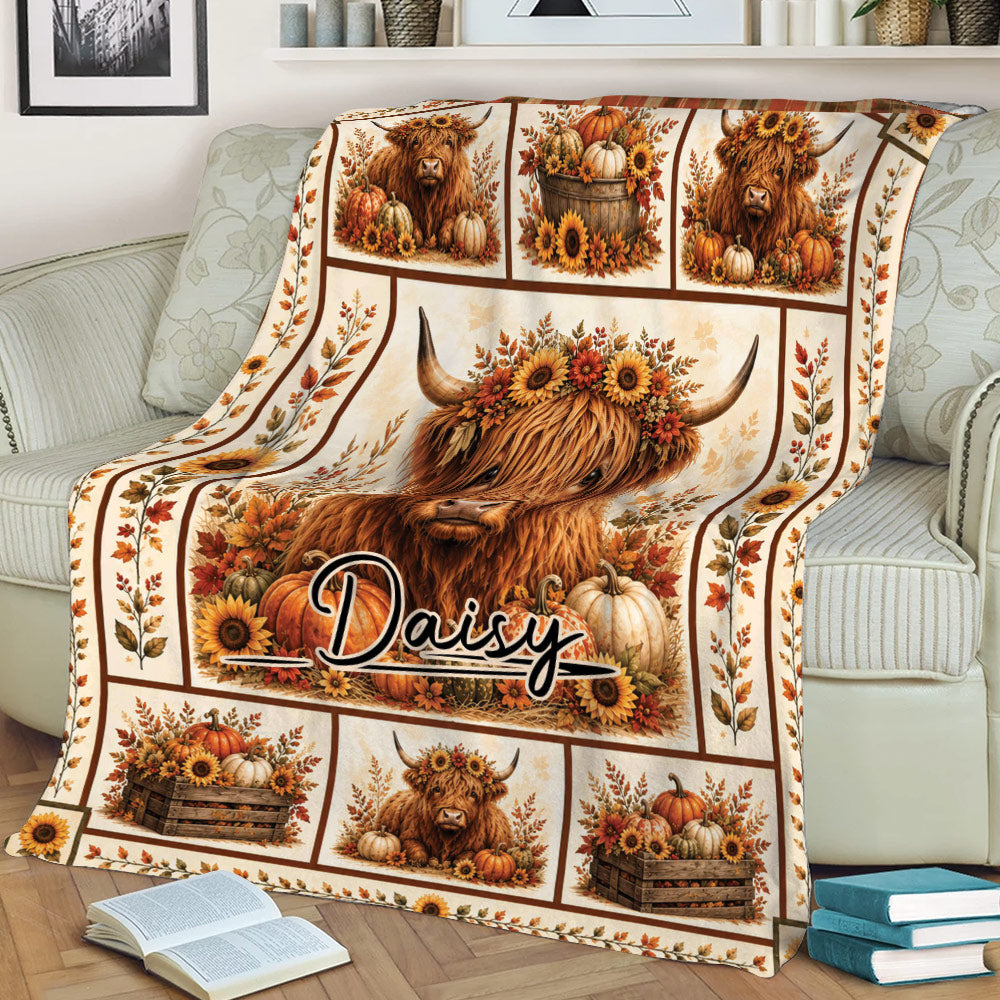 Rustic Highland cow throw blanket shown on a couch with floral autumn and pumpkin details