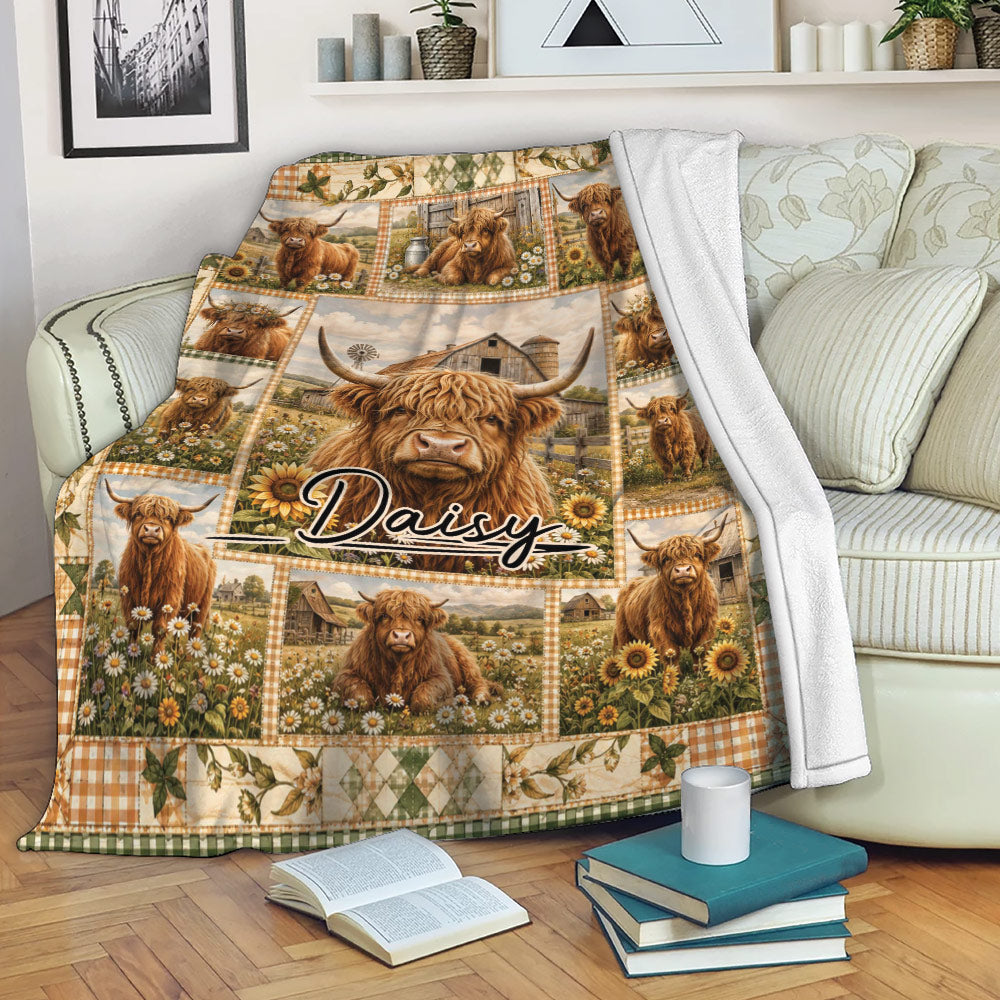 Highland cow throw blanket draped over a sofa in a cozy farmhouse living room