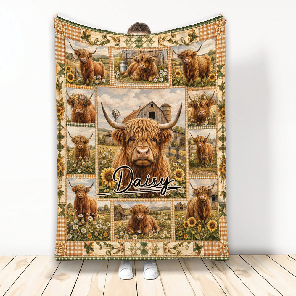 Highland cow blanket displayed upright with rustic farm scenes, sunflowers, daisies, and plaid borders