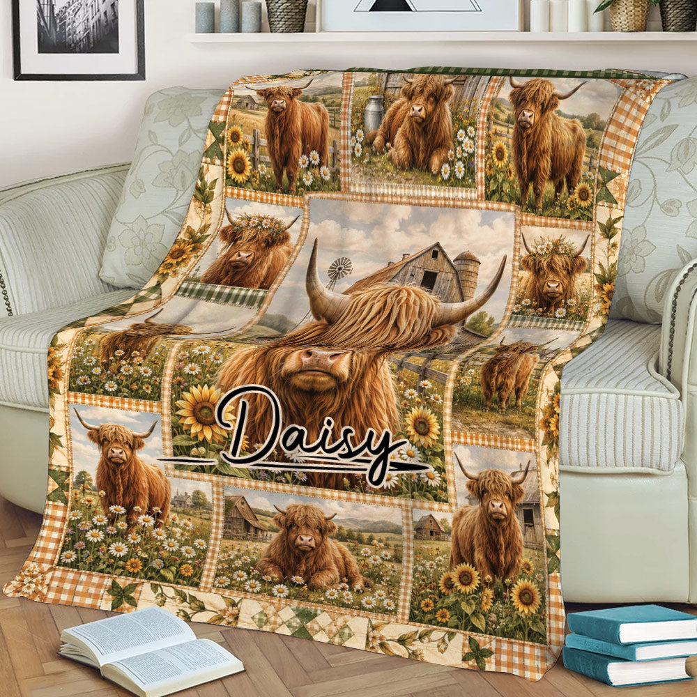 Rustic Highland cow blanket spread across a sofa with farm, wildflower, and sunflower artwork