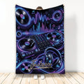 DJ throw blanket featuring turntables, headphones, sound waves, equalizer bars, and neon music artwork