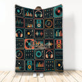 DJ throw blanket displayed upright with colorful turntables, mixers, headphones, speakers, and music graphics