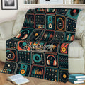 DJ throw blanket styled on a sofa, featuring retro audio equipment, vinyl records, speakers, and equalizer designs