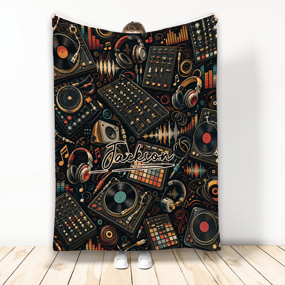 DJ blanket displayed upright with turntables, mixing consoles, headphones, records, and colorful music equipment artwork