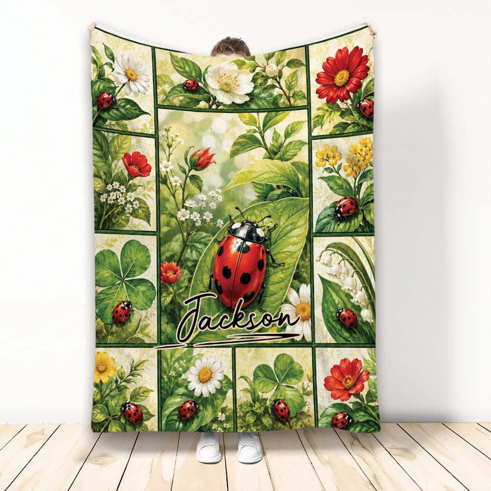 Ladybug throw blanket with red beetles, flowers, green leaves, and botanical garden artwork
