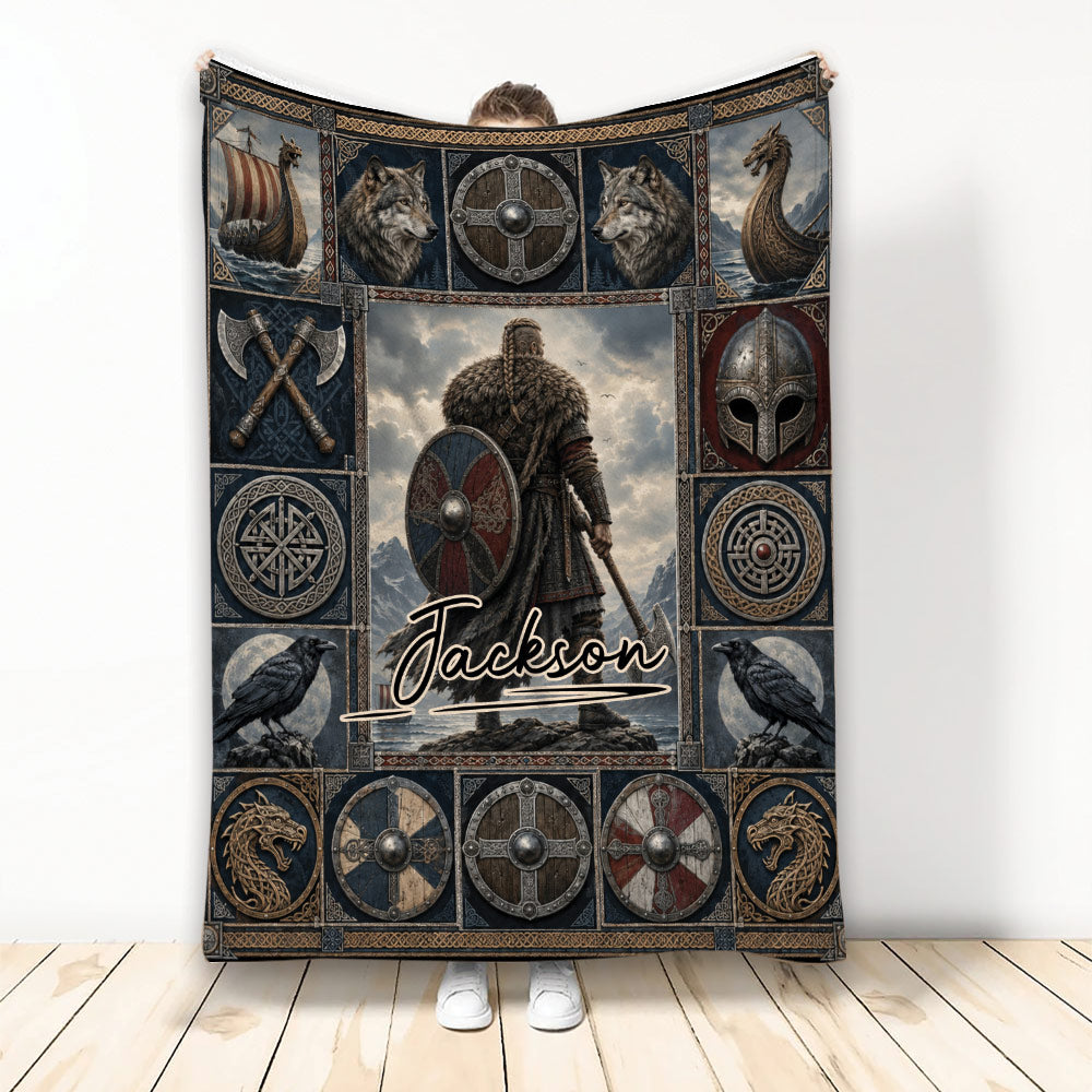 Viking throw blanket with Norse warrior, wolves, shields, ravens, longships, and Nordic knotwork