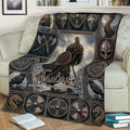 Norse Viking throw blanket displayed on a sofa with warrior, wolf, raven, shield, and longship artwork