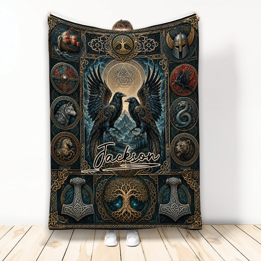Viking blanket with ravens, Norse knotwork, longship, shields, hammers, and mythic woodland artwork