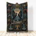 Viking blanket with ravens, Norse knotwork, longship, shields, hammers, and mythic woodland artwork