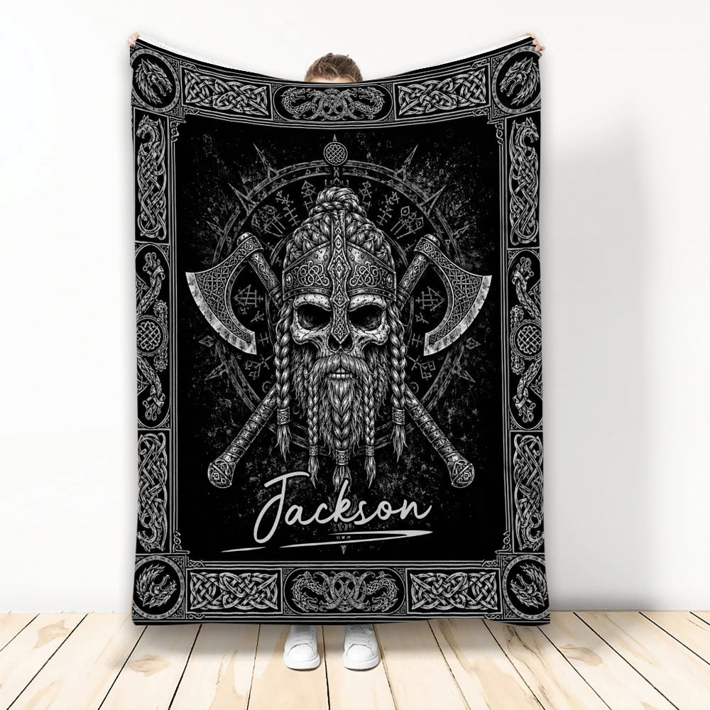 Black and white Viking blanket featuring a bearded warrior skull, horned helmet, crossed axes, and Norse knotwork