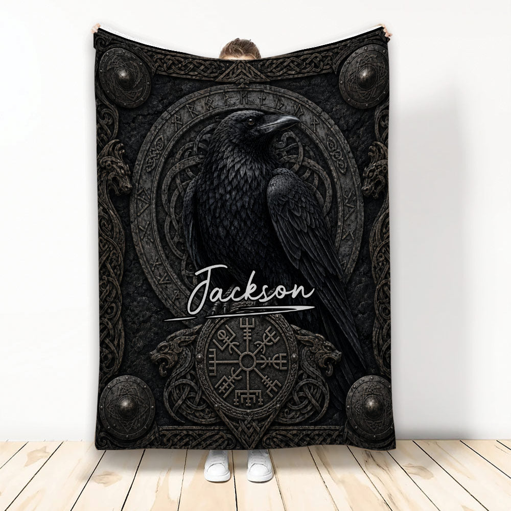 Viking blanket with a black raven, Norse-inspired symbols, shields, and ornate dark knotwork