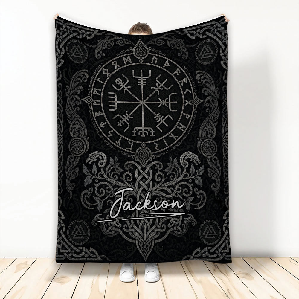 Black Viking blanket with Nordic runes, knotwork symbols, and dark Norse-inspired artwork