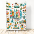 Surfing throw blanket with colorful surfboards, tropical beach scenes, waves, and summer beach artwork