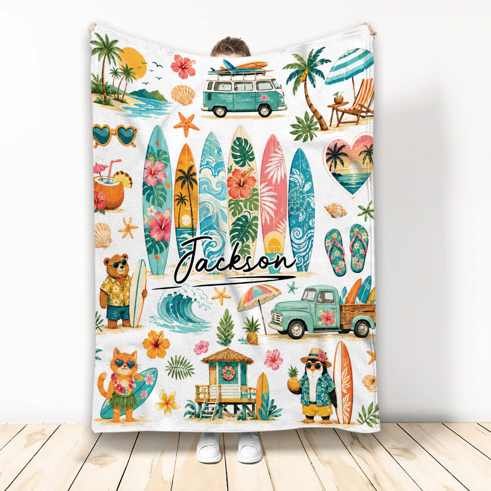 Surfing throw blanket with colorful surfboards, tropical beach scenes, waves, and summer beach artwork