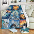 Surfing throw blanket draped over a sofa with colorful wave, surfer, and sunset artwork
