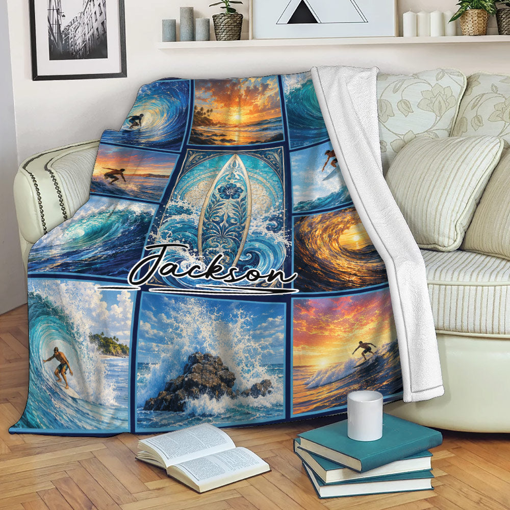 Surfing throw blanket draped over a sofa with colorful wave, surfer, and sunset artwork
